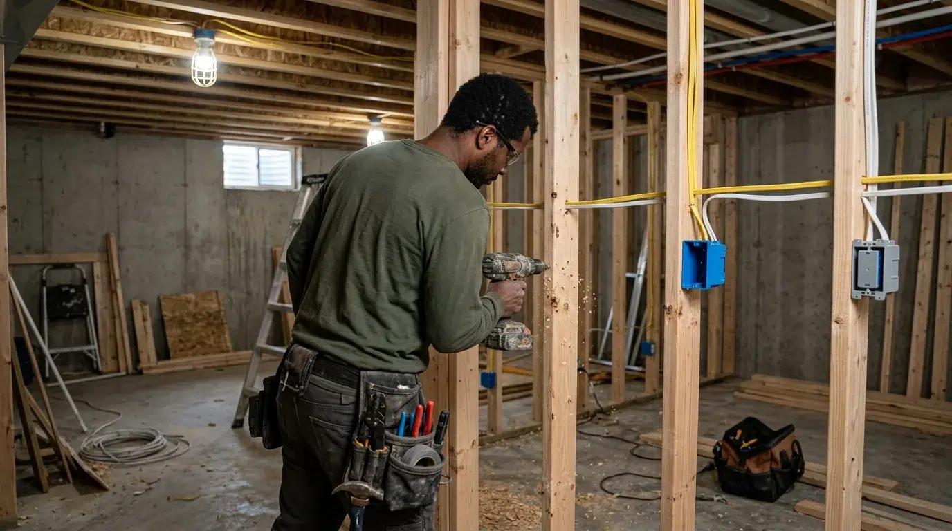 Electrician running rough-in wiring between open studs in a Berthoud basement.