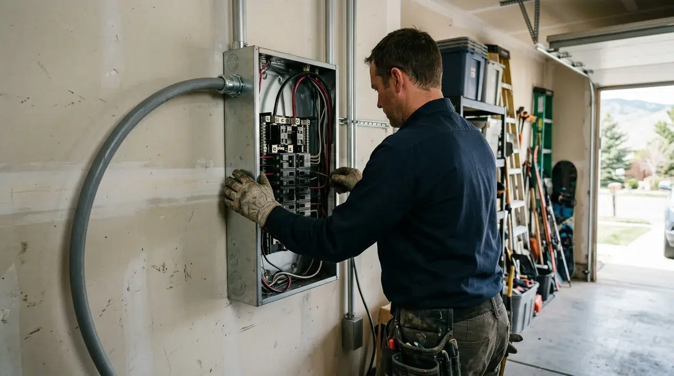 Dedicated 240-volt charger circuit and breaker at a Berthoud residential panel.