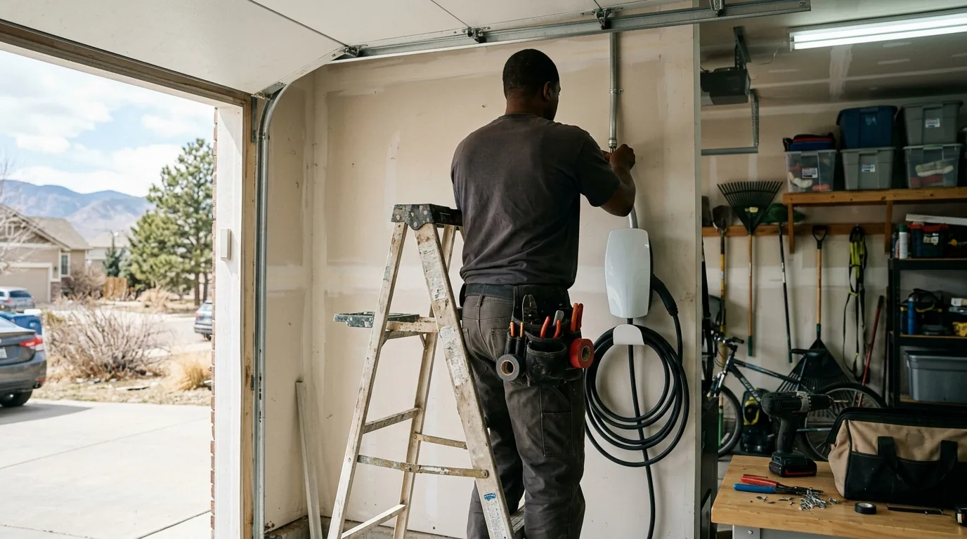 Electrician installing a Level 2 EV charger on a garage wall in Berthoud, Colorado.