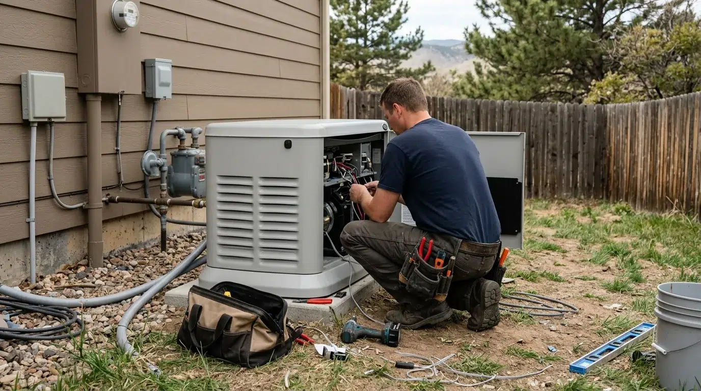 Electrician installing a home standby generator beside a house in Berthoud, Colorado