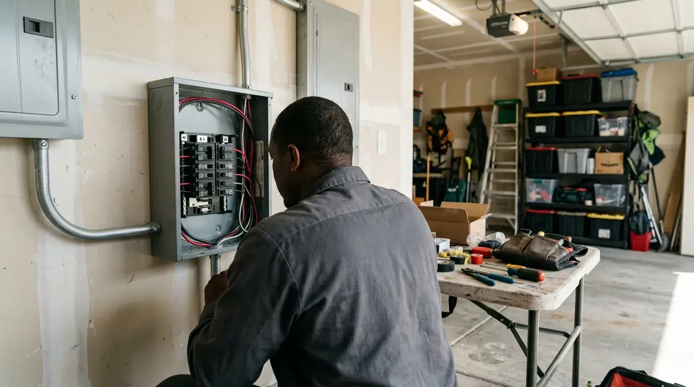 Electrician wiring an automatic transfer switch inside a residential panel in Berthoud