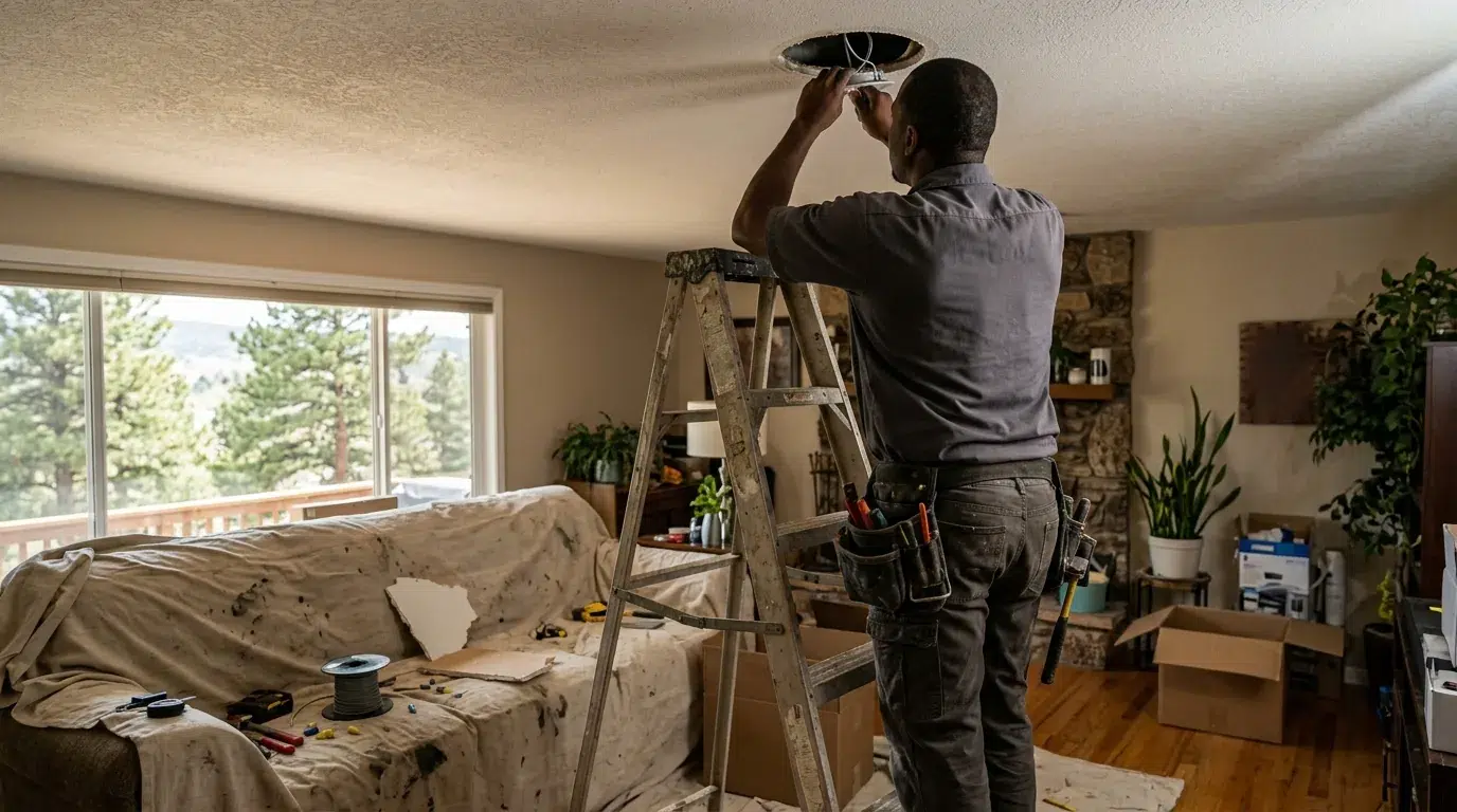 Electrician installing recessed ceiling lighting in a Berthoud, Colorado home.