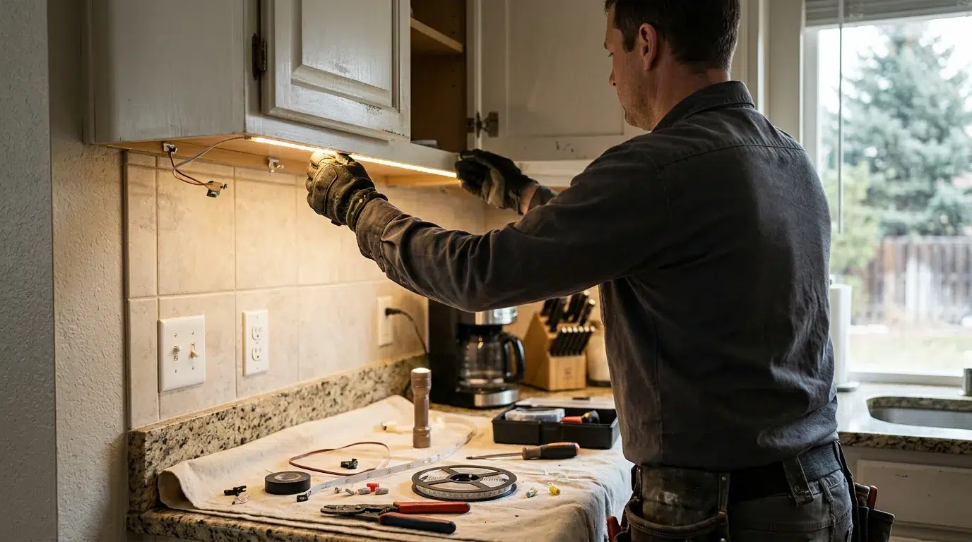 Electrician wiring under-cabinet lighting in a Berthoud kitchen.