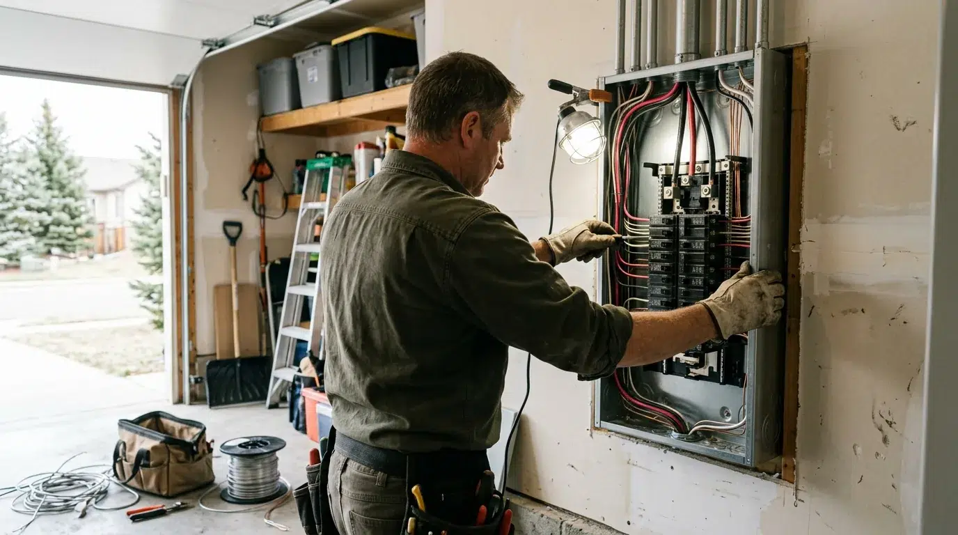 Electrician replacing a residential electrical panel in a Berthoud, Colorado garage.