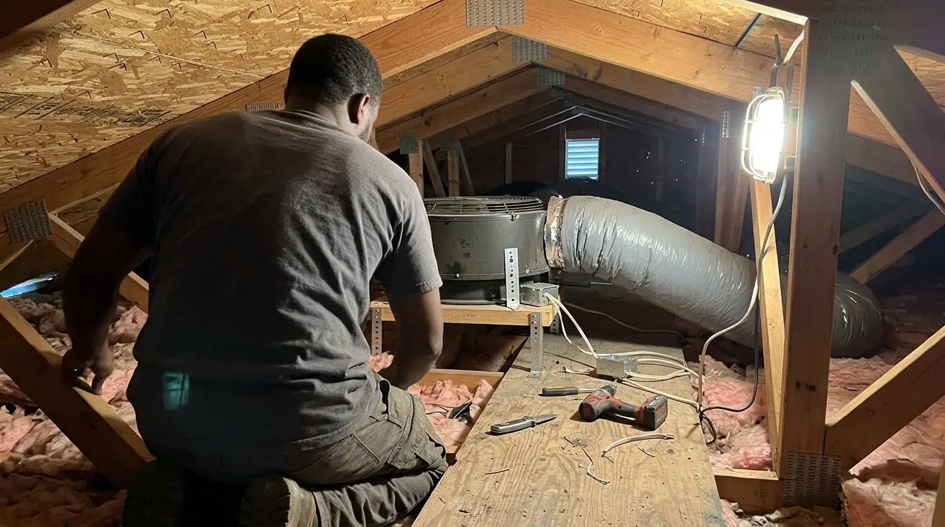 Electrician installing a whole house fan between attic joists in a Berthoud, Colorado home.