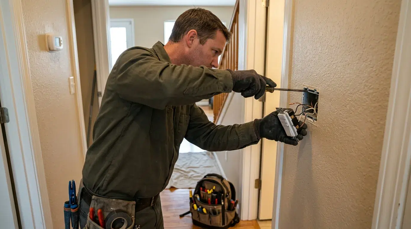 Electrician wiring a wall control for a whole house fan in a Berthoud home.