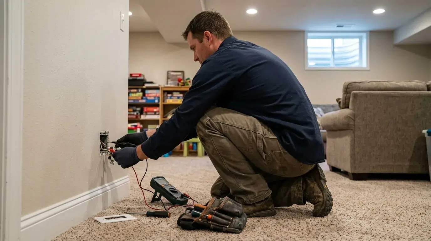 Electrician running rough-in wiring between open studs in a basement under construction