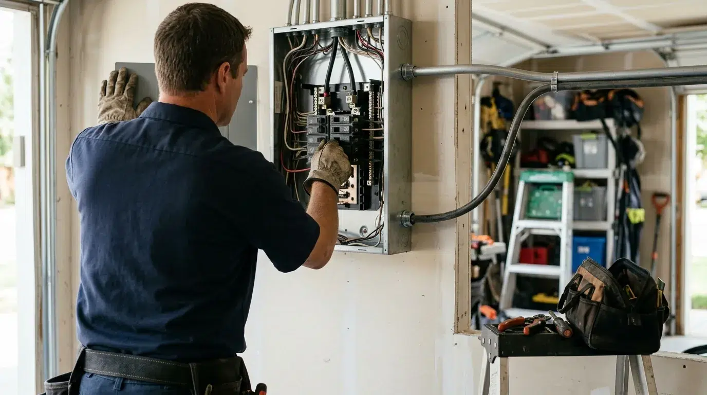 Electrician installing a Level 2 EV charger on a garage wall in Erie, Colorado