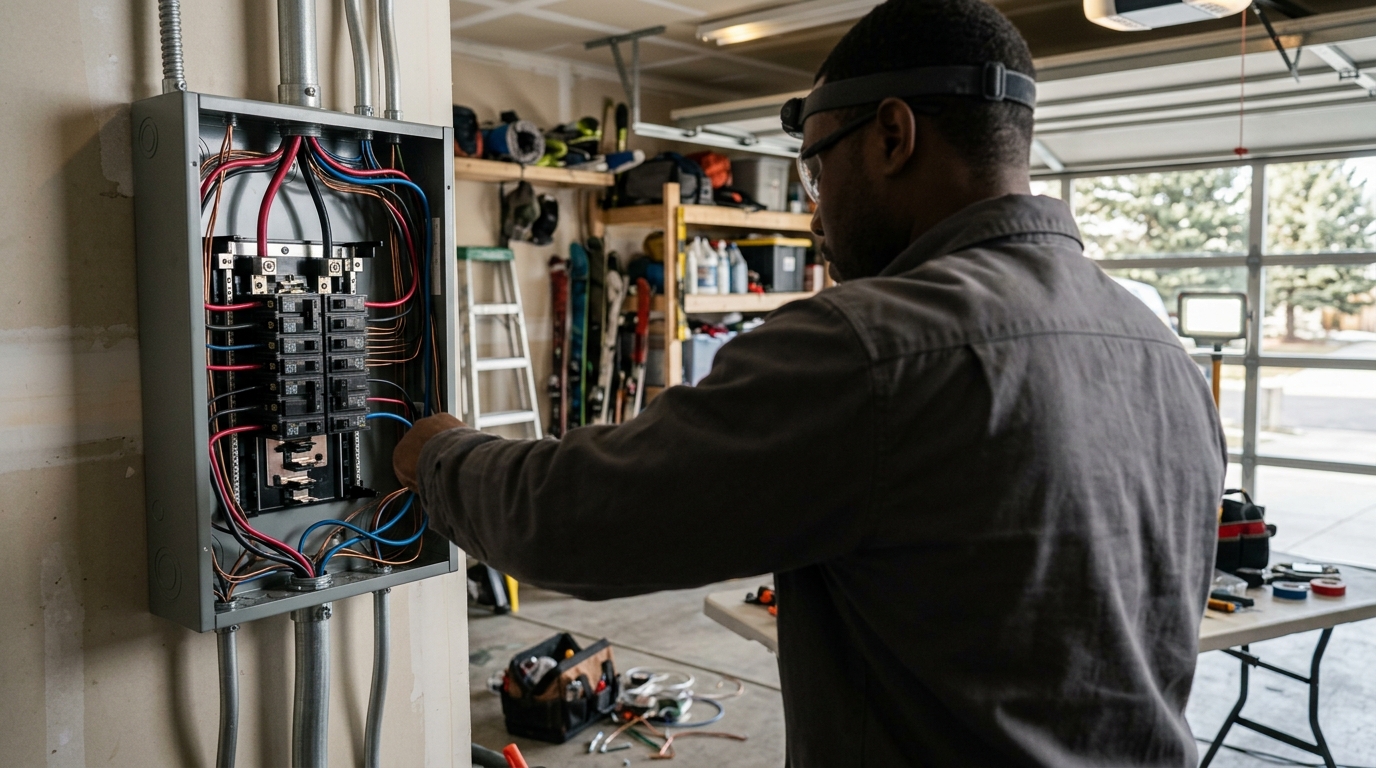 Electrician wiring a transfer switch inside a residential electrical panel