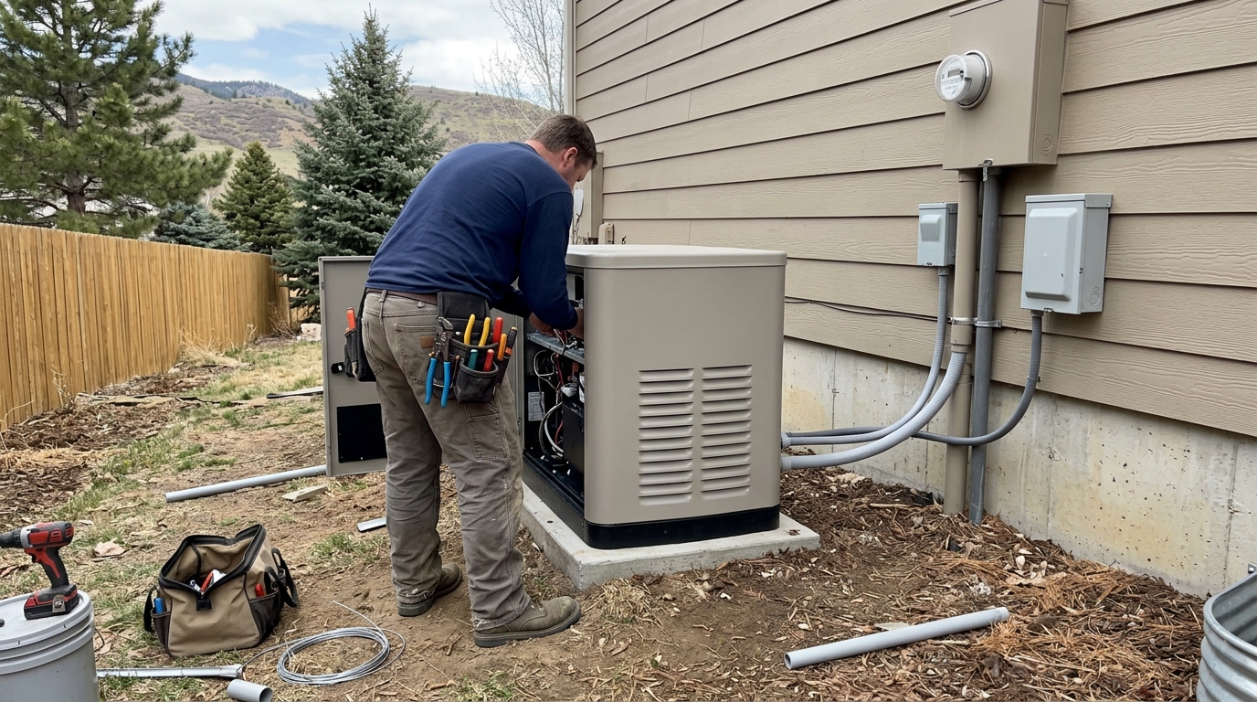 Electrician installing a home standby generator beside a house in Erie, Colorado