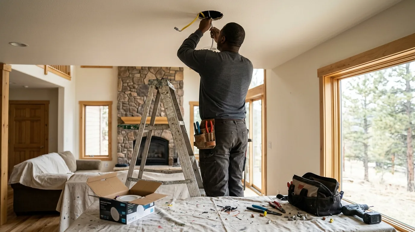 Electrician wiring an exterior light on a residential wall