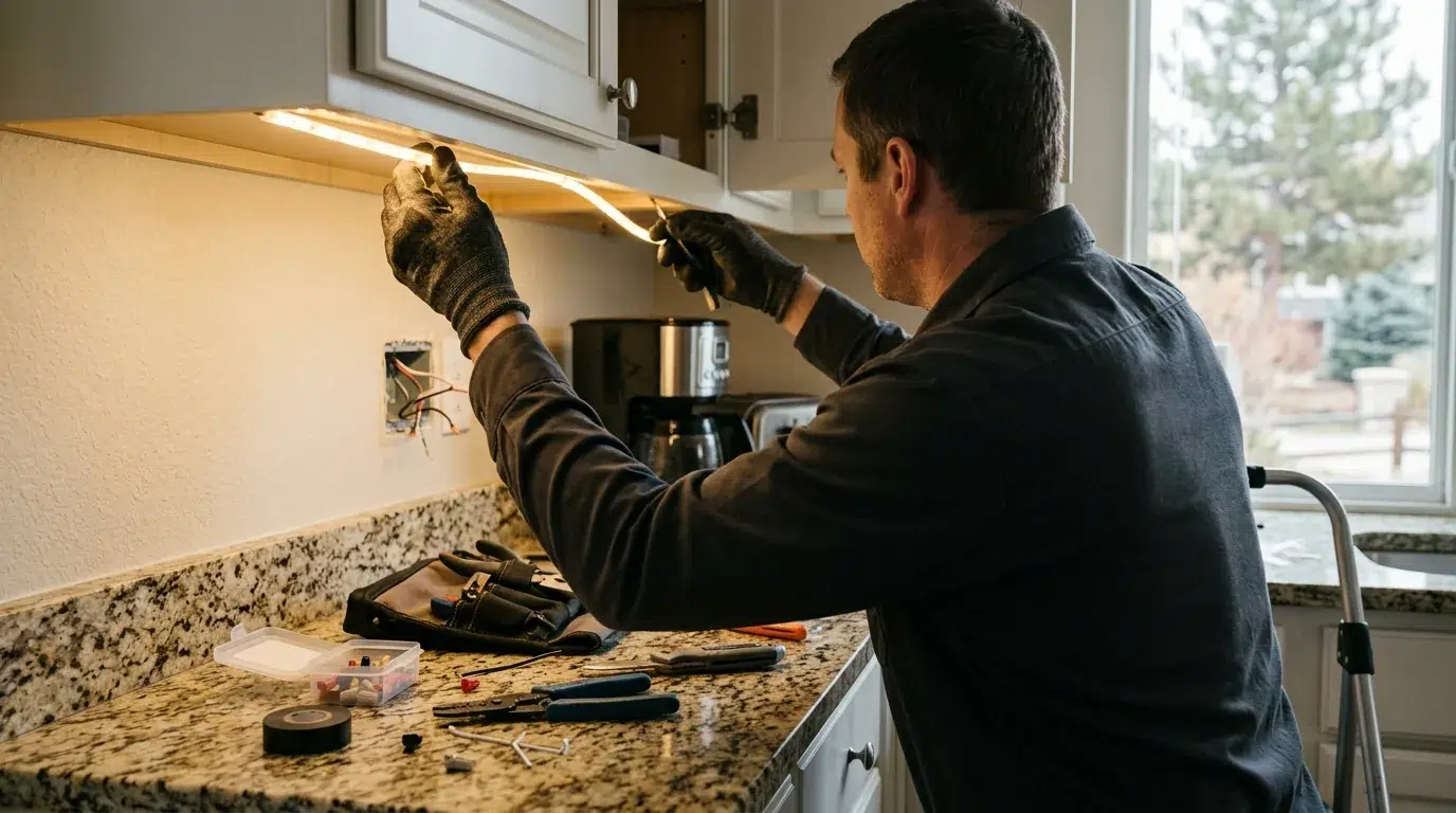 Electrician installing recessed ceiling lighting in an Erie, Colorado home