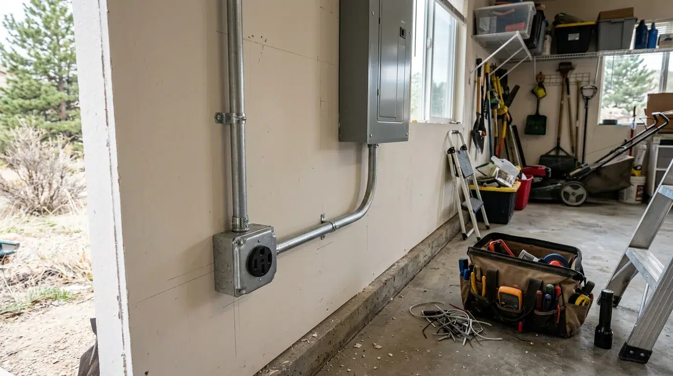 Electrician replacing a residential electrical panel in an Erie, Colorado garage
