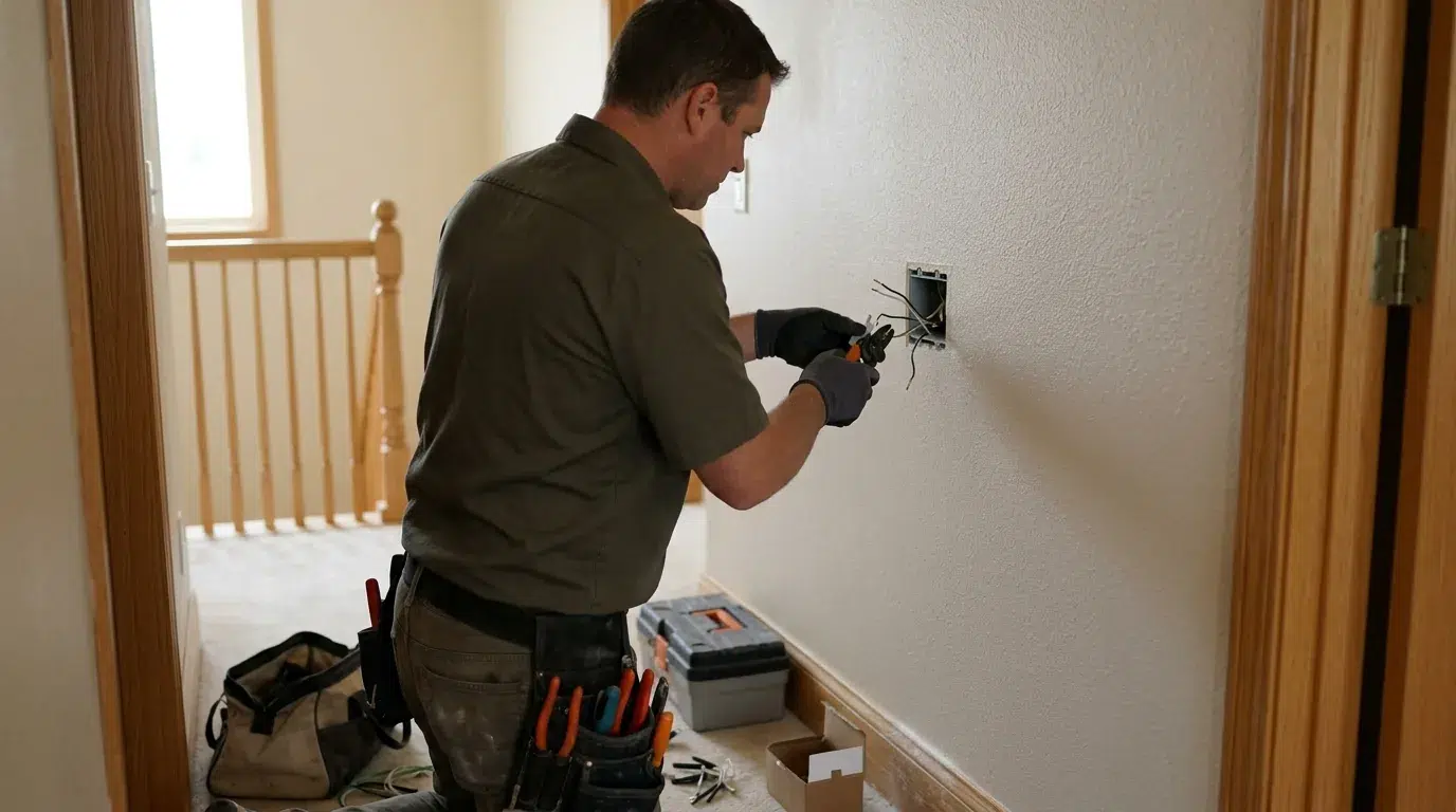 Electrician installing a whole house fan between attic joists in an Erie home