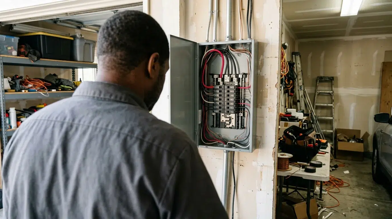 Electrician installing a home standby generator beside a house in Firestone, Colorado.