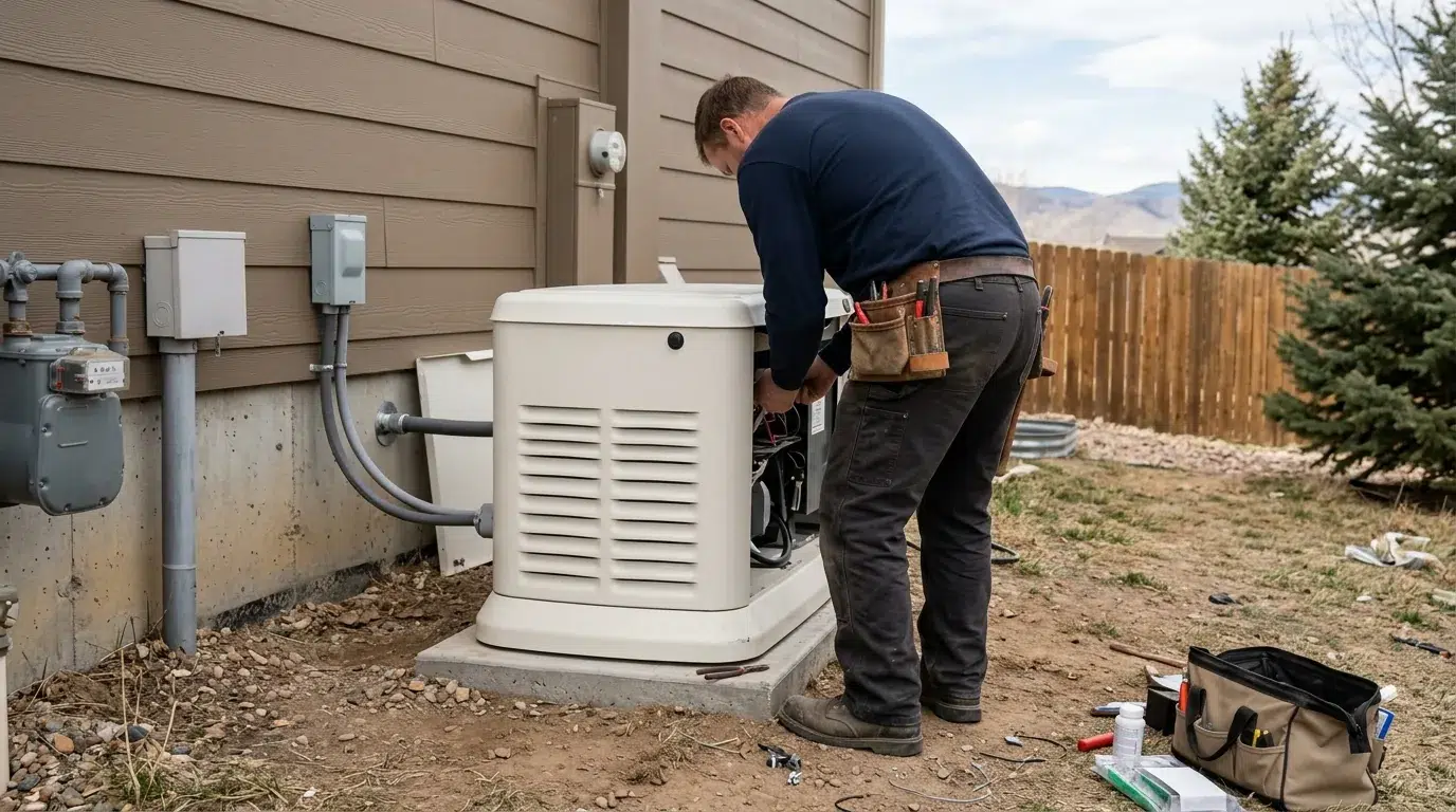 Electrician wiring an automatic transfer switch inside a residential panel in Firestone.