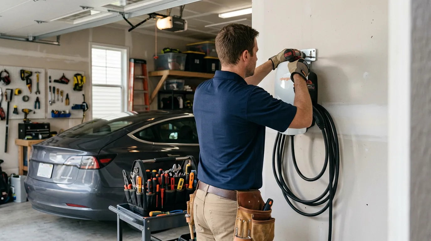 Electrician installing a Level 2 EV charger on a garage wall in Fort Collins, Colorado