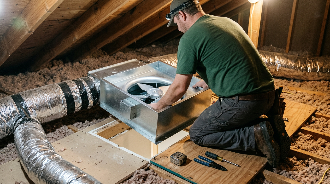 Electrician installing a whole house fan between attic joists in a Fort Collins home