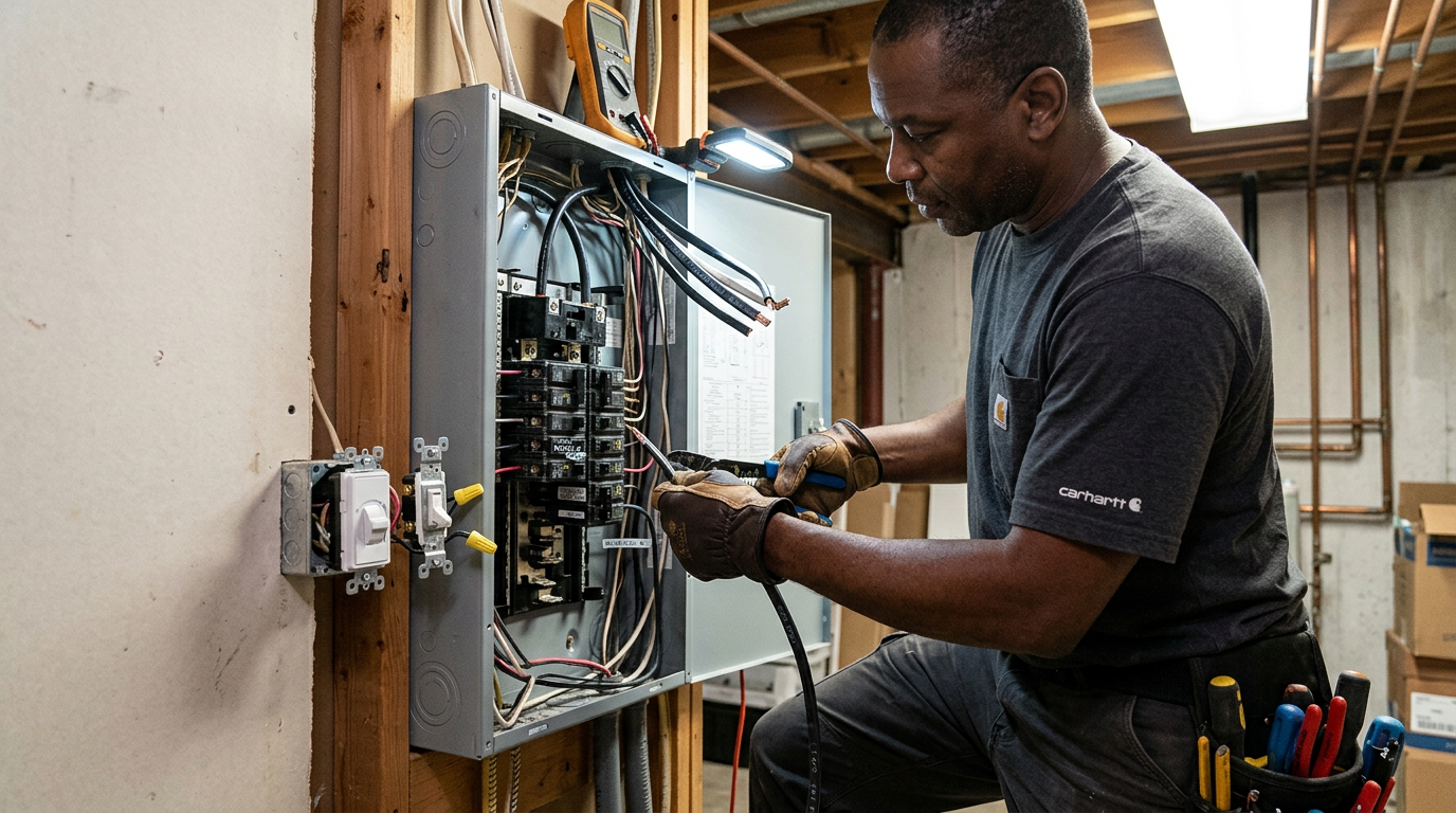 Electrician wiring a dedicated whole house fan circuit at a residential panel