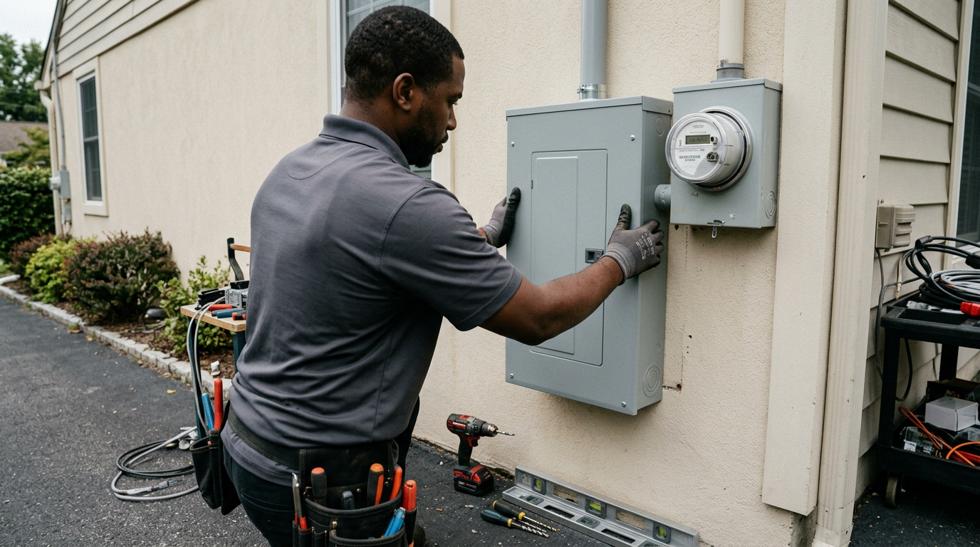 Electrician working at a new load center with an orderly breaker row