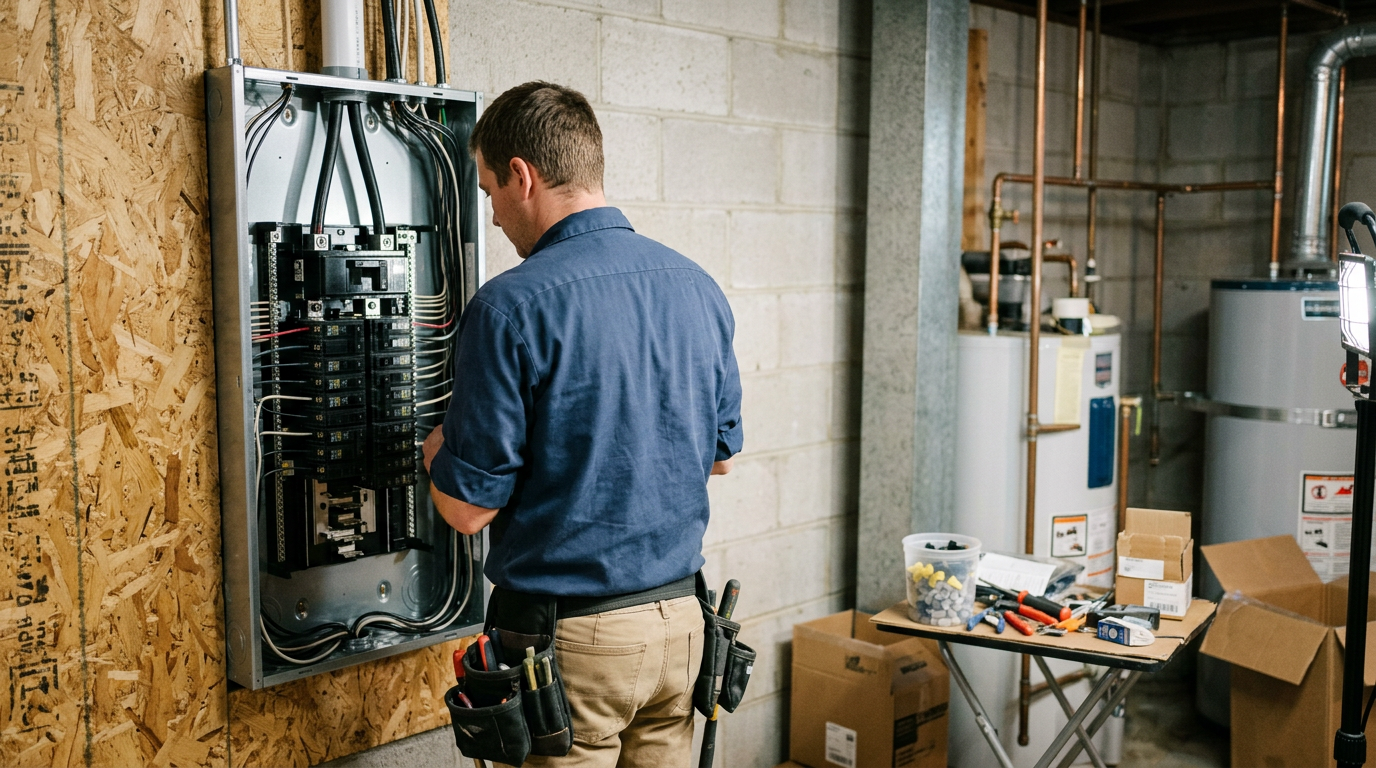 Electrician replacing a residential electrical panel in a Fort Collins garage