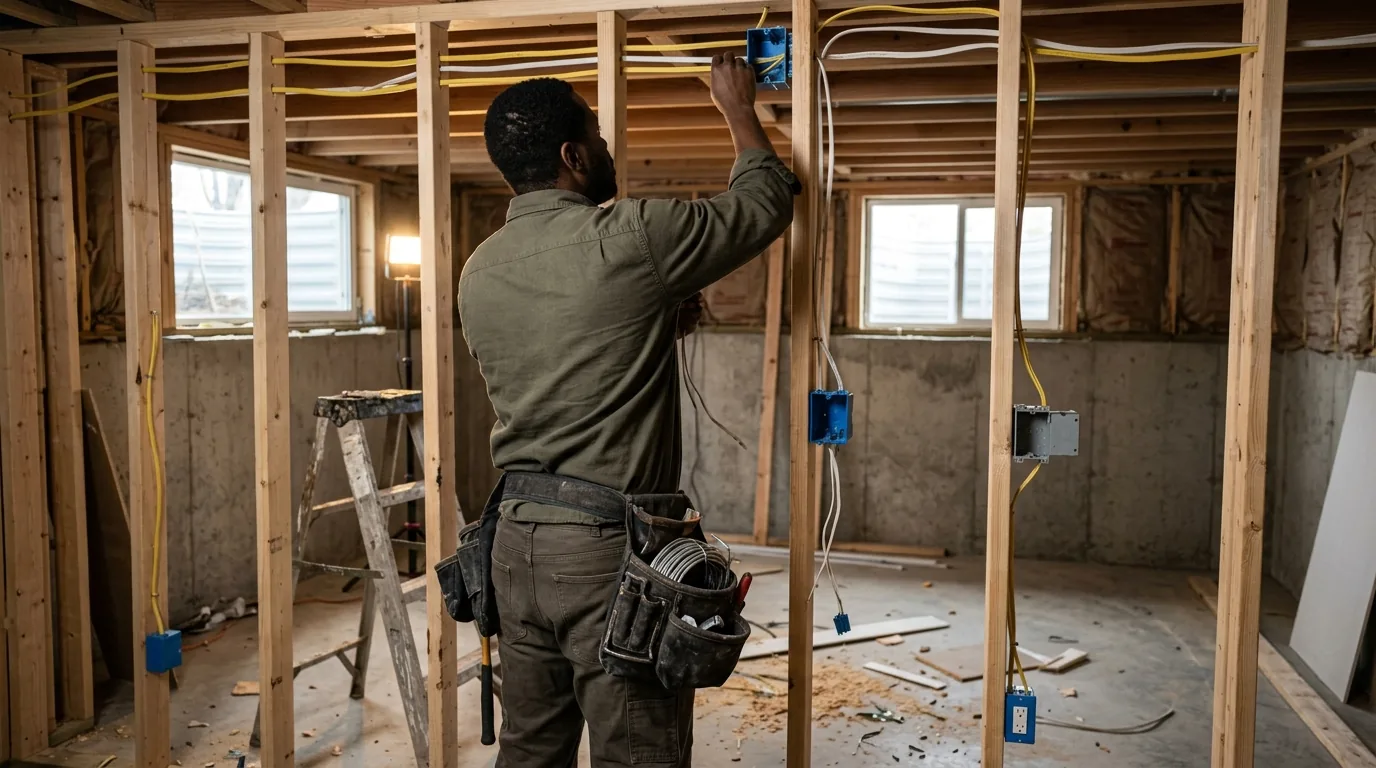Electrician running rough-in wiring between open studs in a Greeley basement under construction