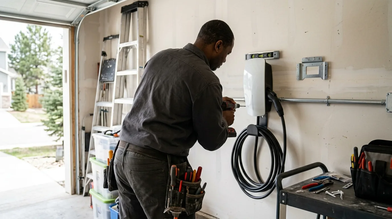Electrician installing a Level 2 EV charger in a Greeley, Colorado garage