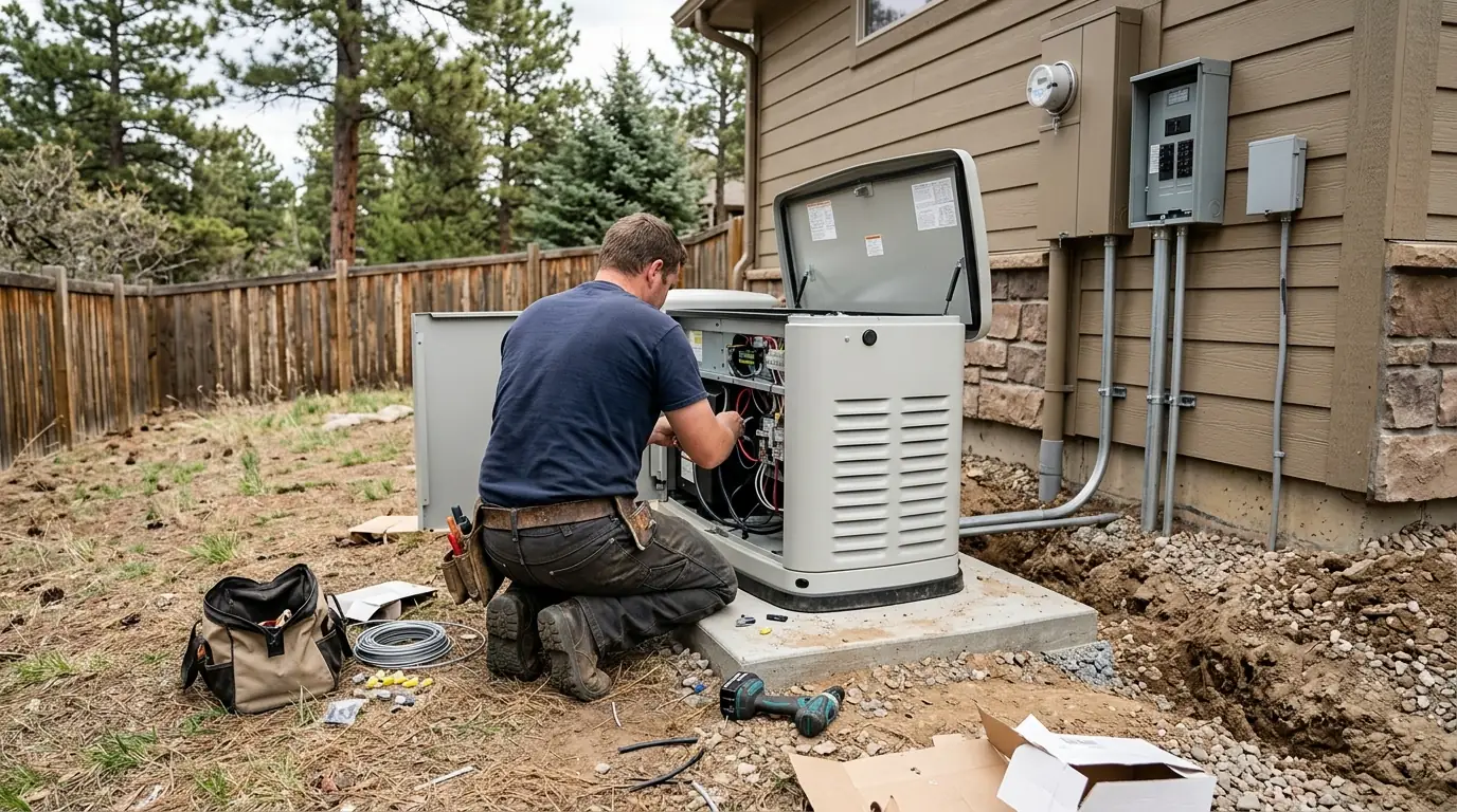 Electrician installing a home standby generator beside a house in Greeley, Colorado