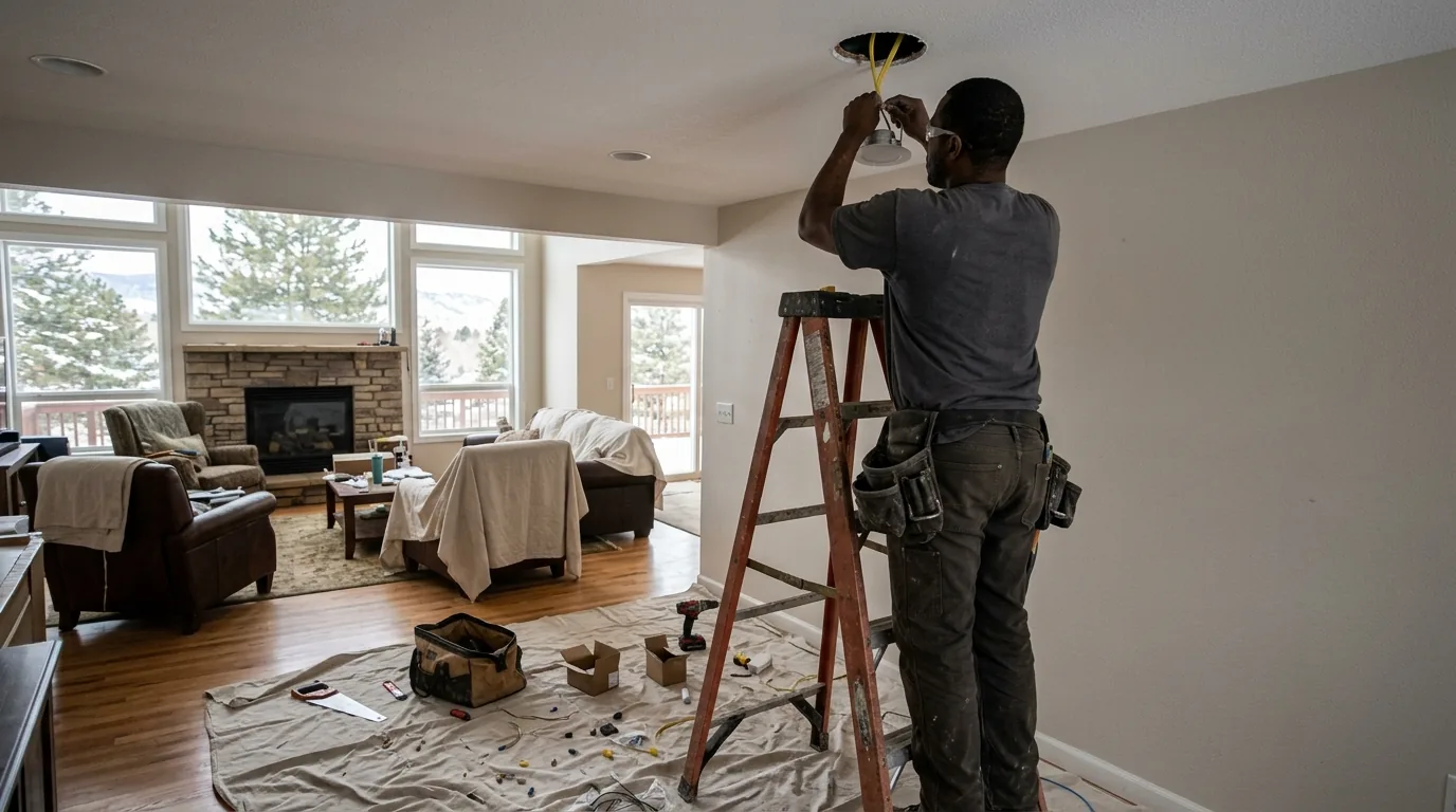 Electrician installing recessed ceiling lighting in a Greeley, Colorado home