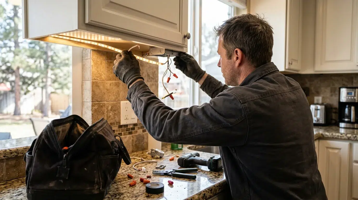 Electrician wiring an exterior light fixture on a Greeley home