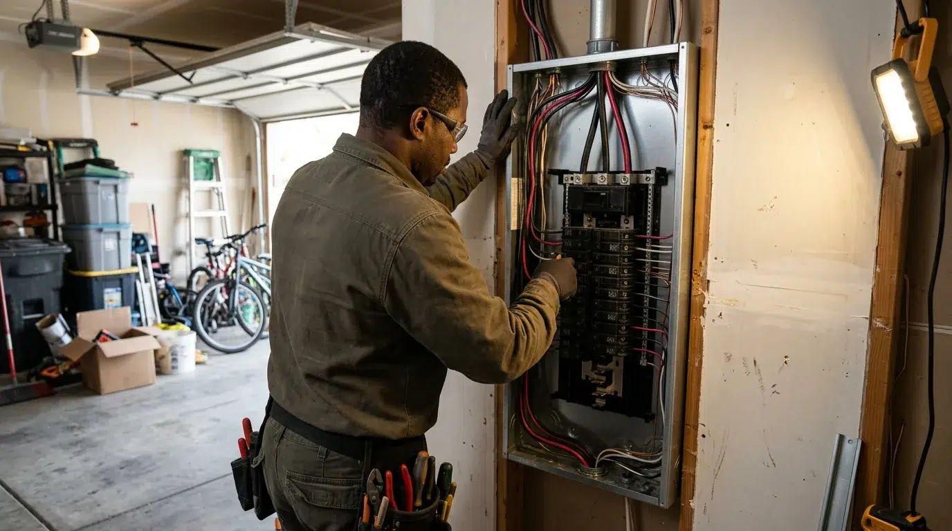 Electrician replacing a residential electrical panel in a Greeley, Colorado garage