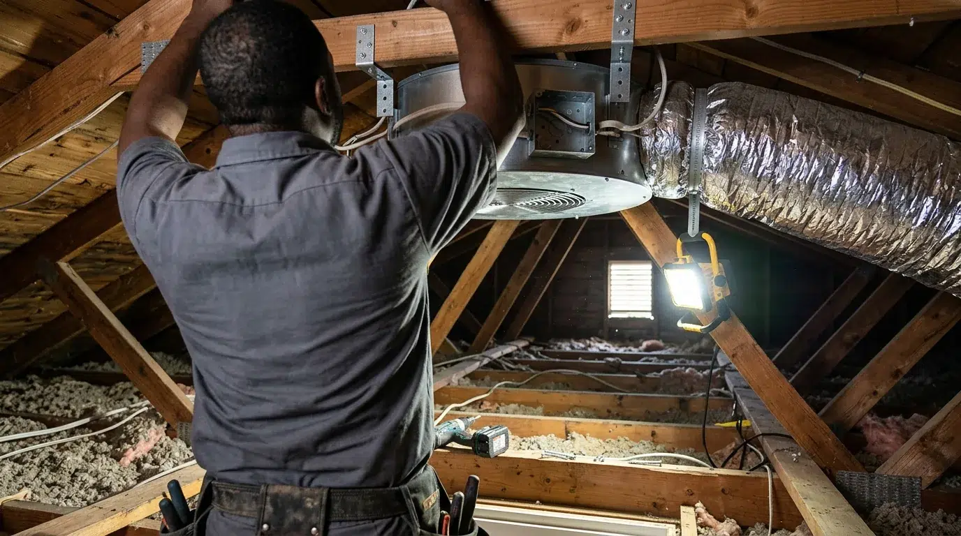 Electrician installing a whole house fan between attic joists in a Greeley, Colorado home