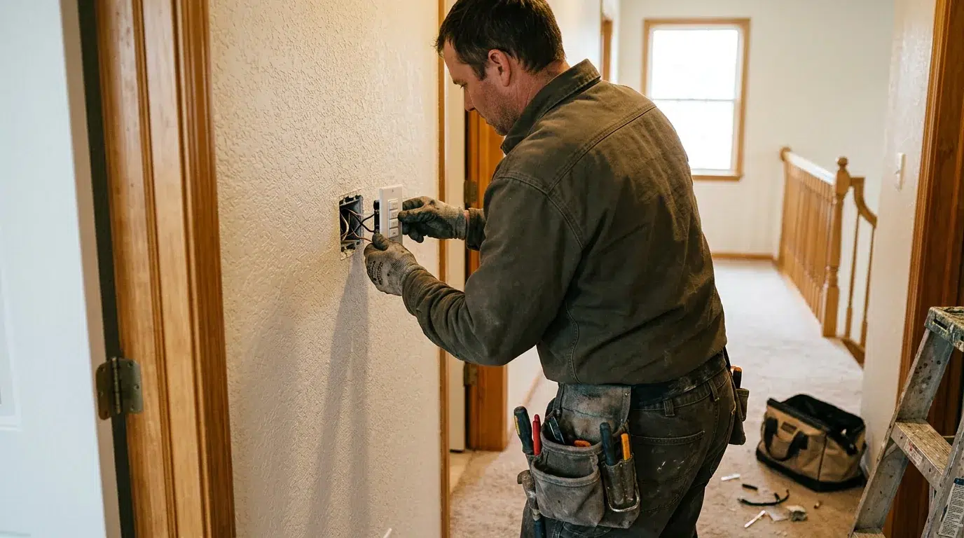 Electrician wiring a wall control for a whole house fan in a Greeley home