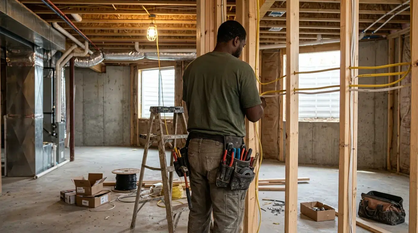 Electrician running rough-in wiring between open studs in a Johnstown basement.
