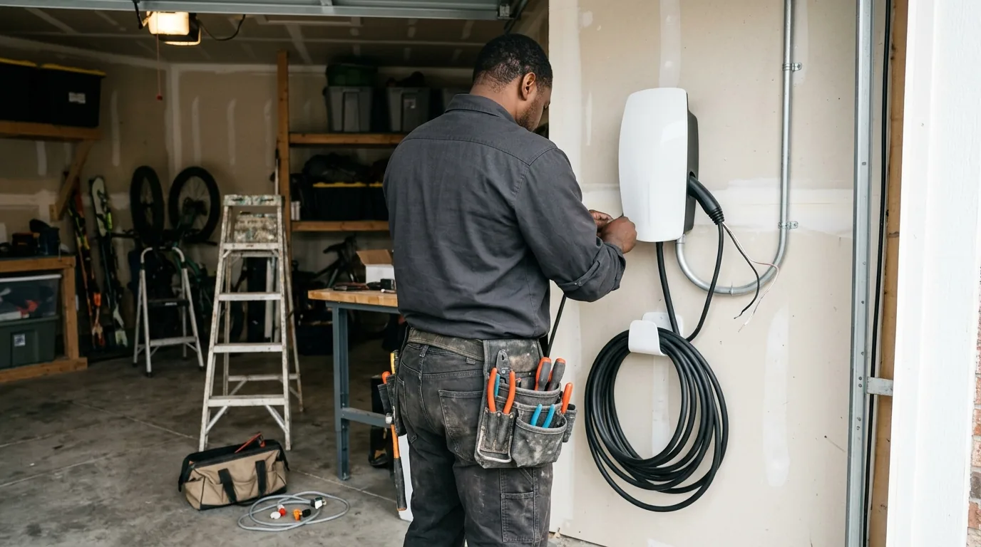 Electrician installing a Level 2 EV charger on a garage wall in Johnstown, Colorado.