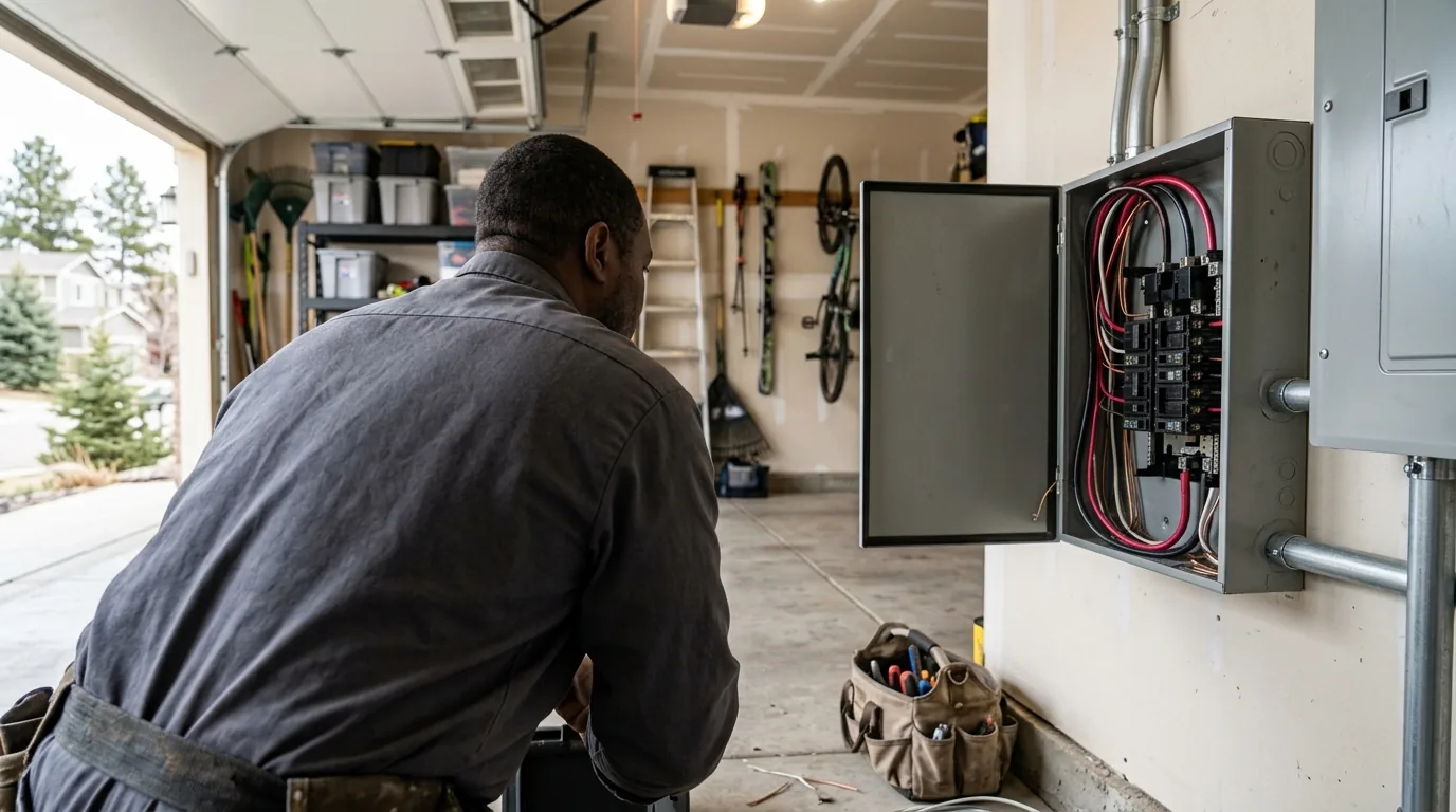 Electrician wiring an automatic transfer switch inside a residential panel in Johnstown.