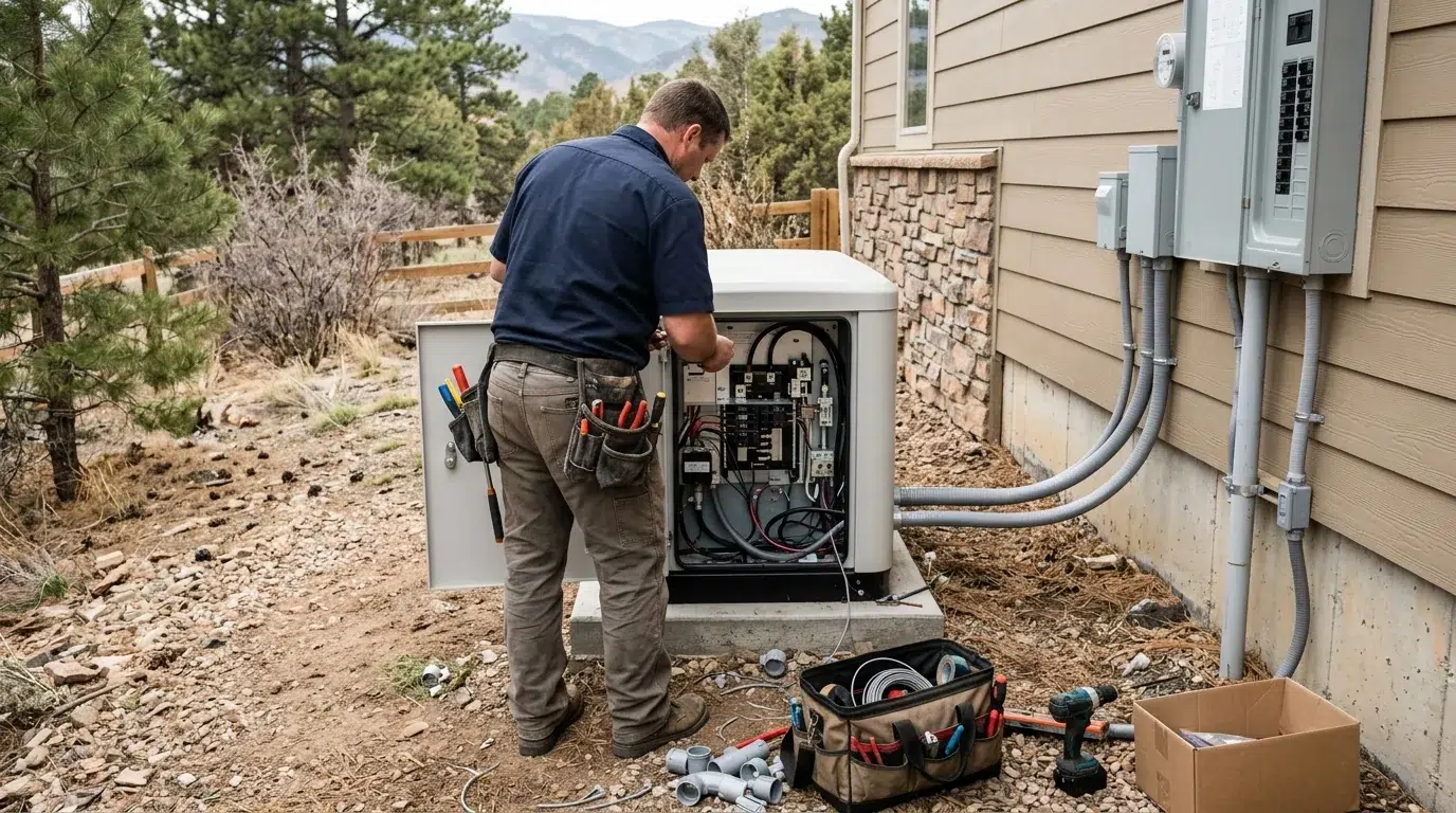 Electrician installing a home standby generator beside a house in Johnstown, Colorado.