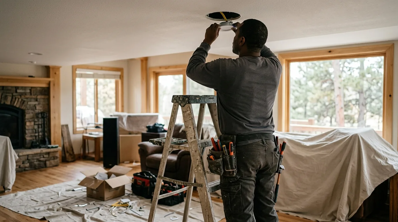 Electrician installing recessed ceiling lighting in a Johnstown, Colorado home.