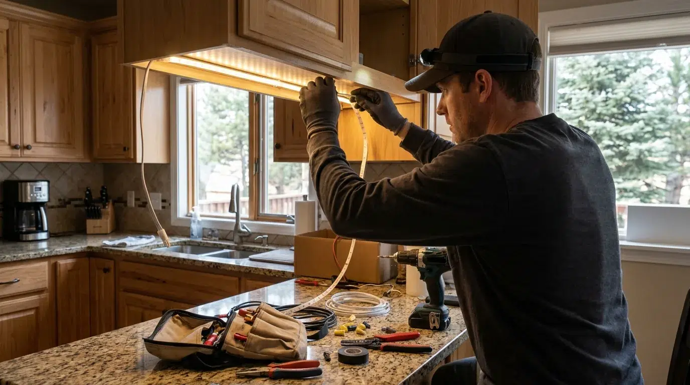 Electrician wiring under-cabinet lighting in a Johnstown kitchen.