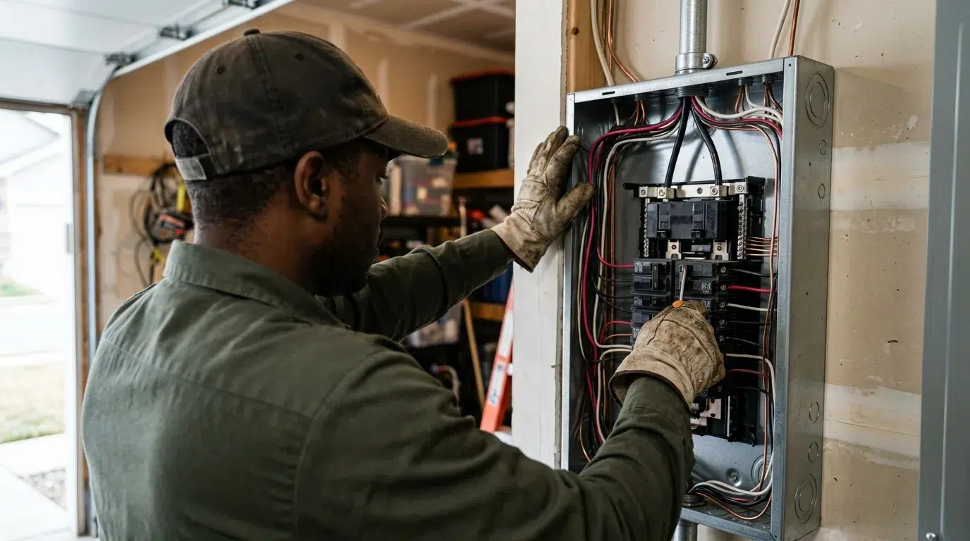 Electrician replacing a residential electrical panel in a Johnstown, Colorado garage.