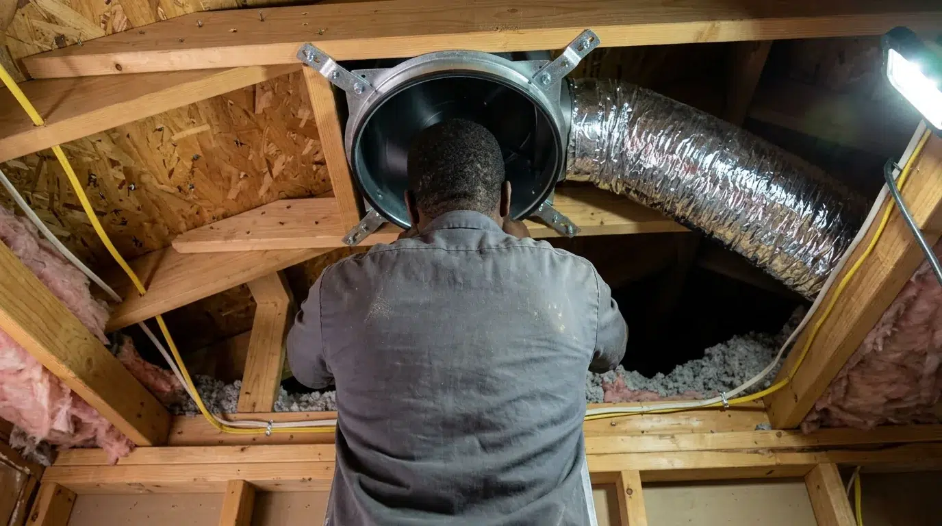 Electrician installing a whole house fan between attic joists in a Johnstown, Colorado home.