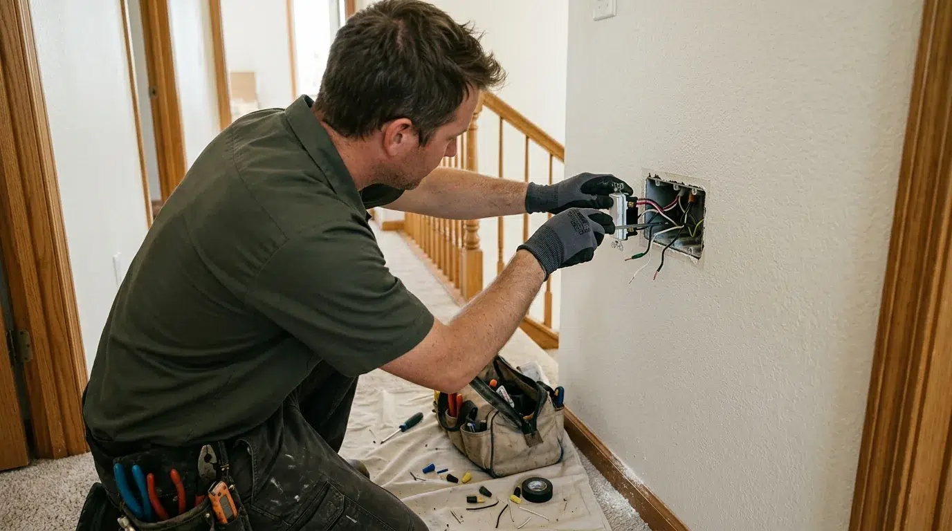 Electrician wiring a wall control for a whole house fan in a Johnstown home.
