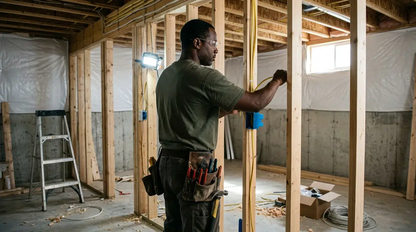 Electrician running rough-in wiring between open studs in a Longmont basement under construction