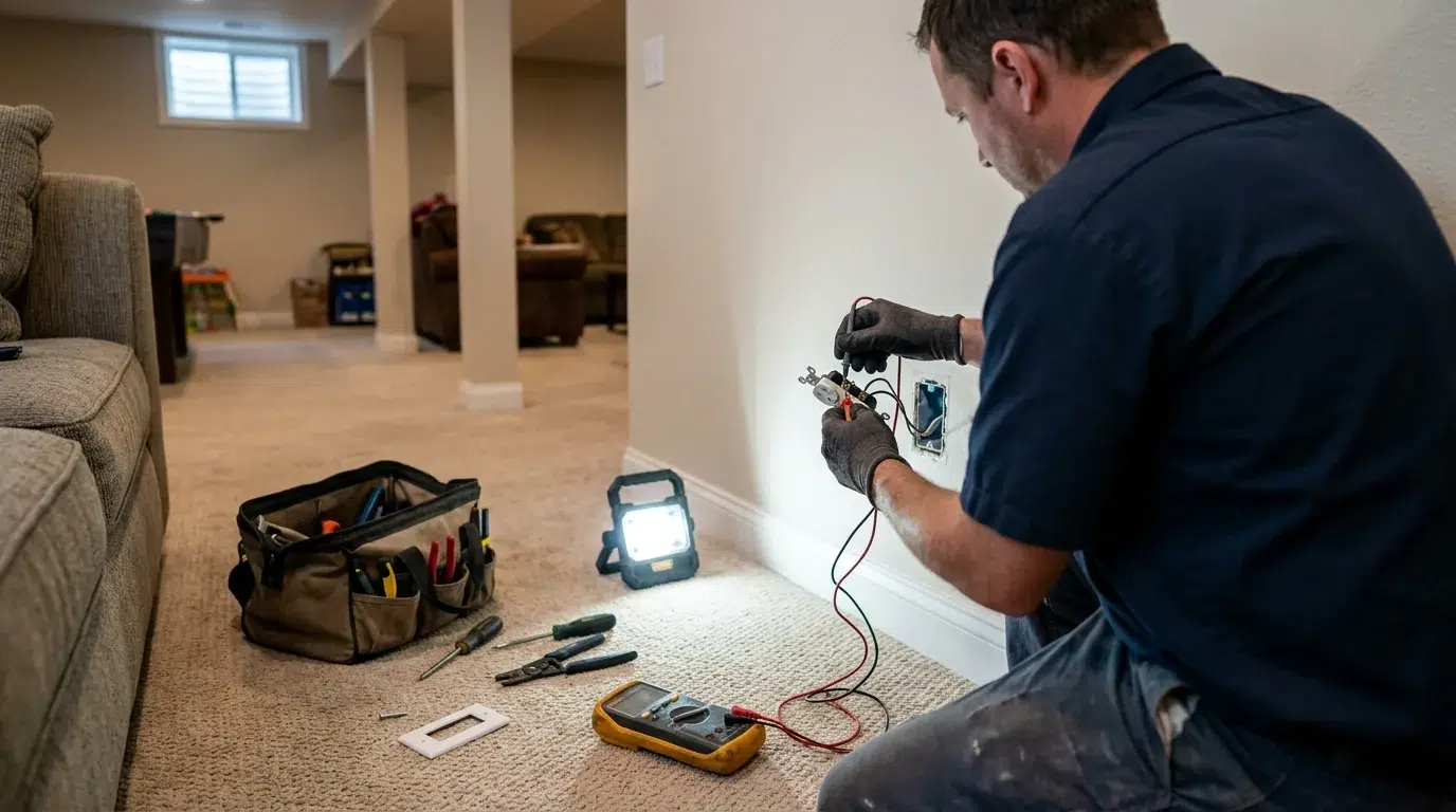 Finished basement room with recessed lighting wired by an electrician in Longmont