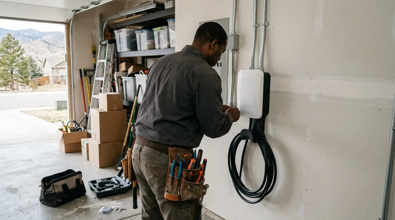 Electrician installing a Level 2 EV charger in a Longmont, Colorado garage