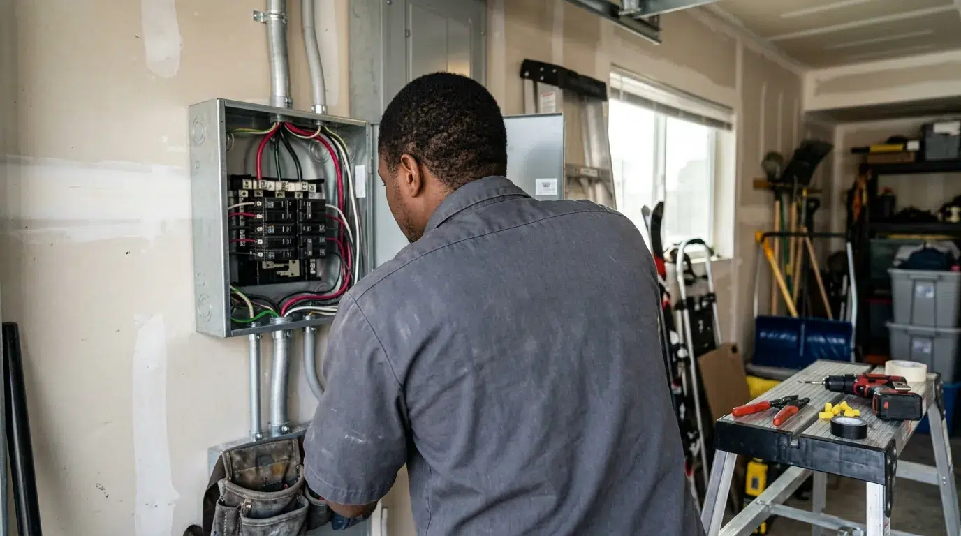 Electrician installing a home standby generator beside a house in Longmont, Colorado