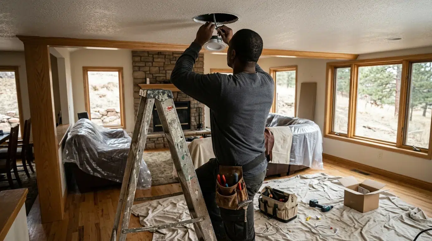 Electrician installing recessed ceiling lighting in a Longmont, Colorado home