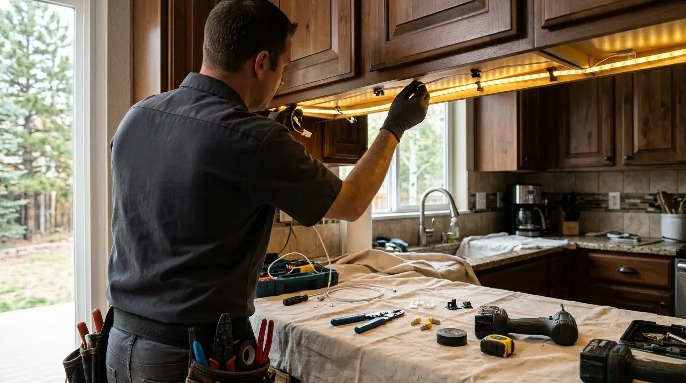 Electrician wiring an exterior light fixture on a Longmont home