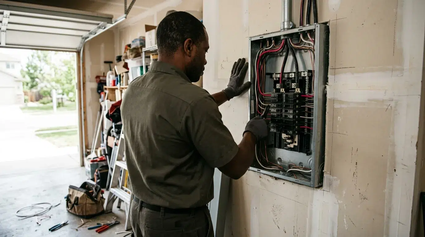 Electrician replacing a residential electrical panel in a Longmont, Colorado garage