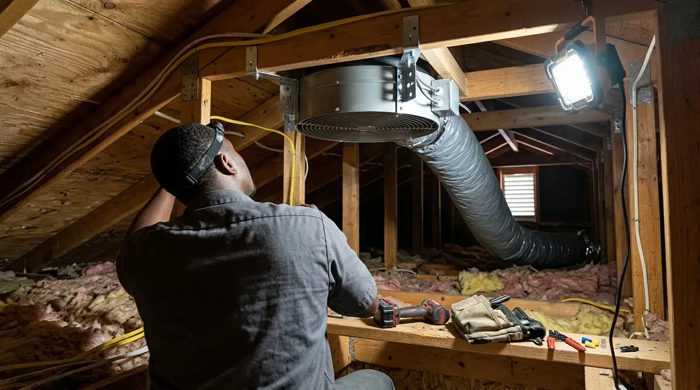 Electrician installing a whole house fan between attic joists in a Longmont, Colorado home